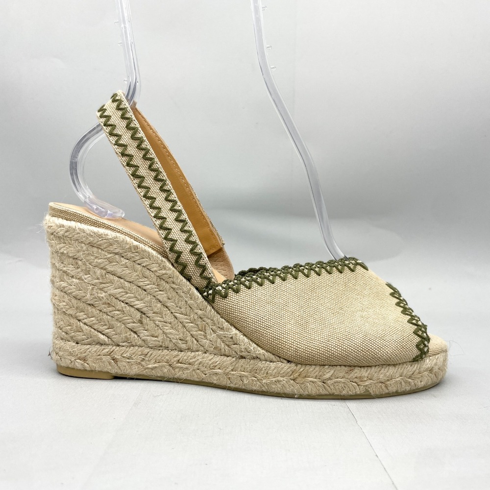 Castaner Womens 39 8.5 Billie Slingback Canvas Espadrille Wedge Sandal Tan Green